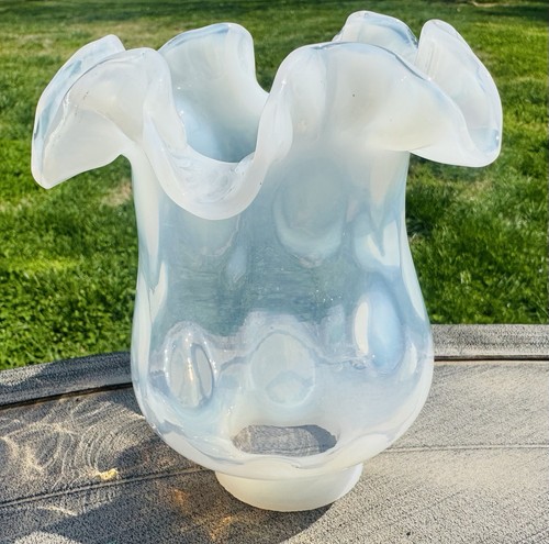 VINTAGE 5.5 Inch Tall FENTON GLASS WHITE OPALESCENT COIN DOT RUFFLED LAMP SHADE