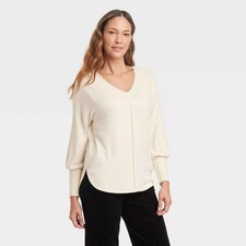Knox Rose Womens Ivory Long Sleeve V-Neck Pullover Sweater XL