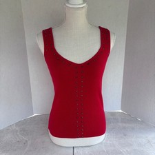 Carmen Marc Valvo Red Ribbed Tank Top S/P  New Rhinestone Stars V Neck