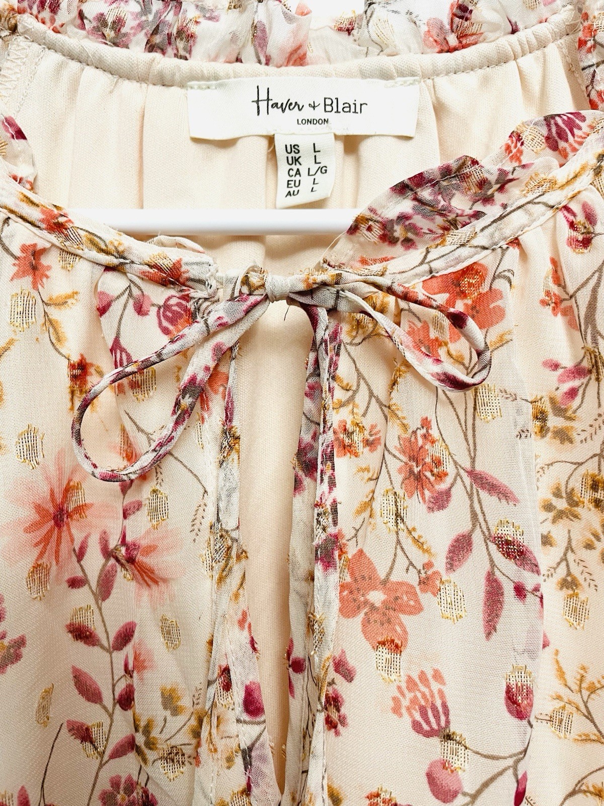 Haver & Blair Blouse Floral Print Color Pink Relaxed Tie Front Long Sleeve Sz L