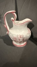 Vintage Pink & White Jug Vase + Plate Hand Painted Ceramic Coquette -Portugal