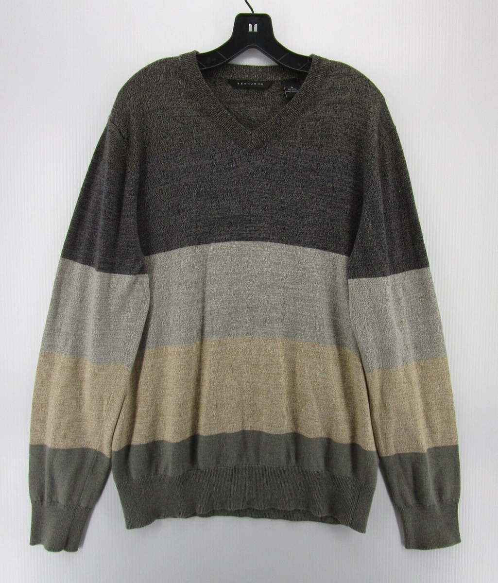 Sean John Sweater Men XL Gray Beige Pullover V-Neck Striped Casual 