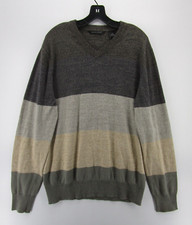 Sean John Sweater Men XL Gray Beige Pullover V-Neck Striped Casual Knit Hip Hop