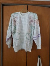 Vintage Grandmacore Handmade Chenille Long Sleeve Pullover White Pink Lavender