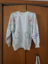 Vintage Handmade Chenille Long Sleeve Pullover White Pink Lavender Granny Core