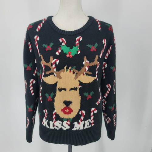 Love by Design Christmas Reindeer KISS ME Sweater Black Women's Size Medium - Picture 2 of 7