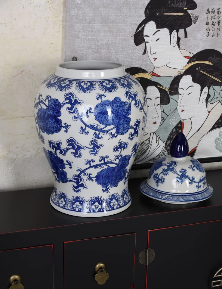 Chinesische Deckelvase Antik Deckelgefäss Amphore Blau Weiss Porzellanvase 50cm - Bild 4 von 4