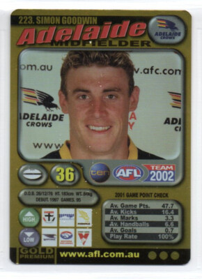 2002 AFL TEAMCOACH GOLD PARALLEL CARD - 223 Simon GOODWIN (ADELAIDE)