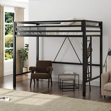 Sifurni Junior Twin Loft Bed Frame with Ladder and Guard Rail, Matte Black