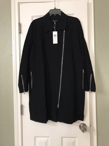 XS NEW EILEEN FISHER BLACK WASHABLE STRETCH CREPE MOTO LONG JACKET WITH ZIPPER - Picture 2 of 5