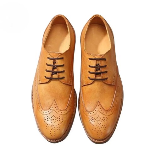 Handmade Tan Wing Tip Brogue Leather Formal Handmade Dress Shoes For Mens - 第 5/7 張圖片