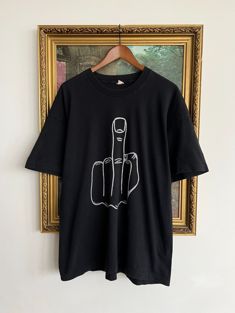 Vintage 90s F*ck You Hand Sign Middle Finger Black T-shirt Sz XL