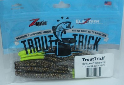 Zman TT5-240PK6 Elaztech Forelle Trick Farbe Root Beer Chartreuse Schwanz 6CT