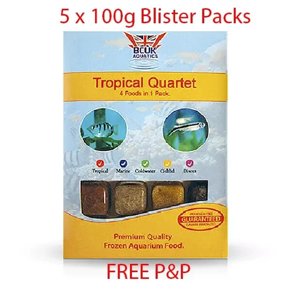 BCUK Frozen Fish Food- 5 x 100g Blister Packs-Tropical Quartet--FREE P&P