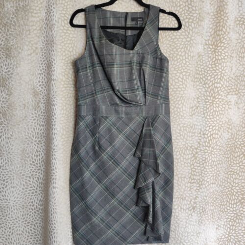 Next Womens Plaid Check Print Dress Size UK12 Square Neck Ruffle Pencil Workwear - Afbeelding 1 van 17