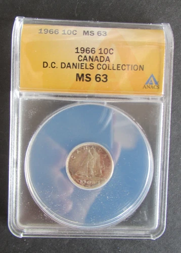 1966 SILVER 10 CENTS ANACS GRADED MS63 CANADIAN DIME
