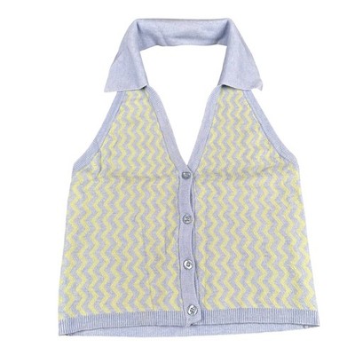 Sweet Republic Blue Yellow Chevron Halter Neck Button Front Knit Crop Top S