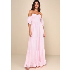 Lulus Exceptionally Gorgeous Blush Chiffon Off-the-Shoulder Maxi Dress Size S