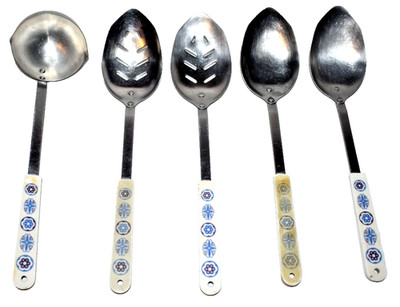 5 Vintage ACE USA Cooking Utensils Blue Hex Floral Handles Solid Slotted Spoons