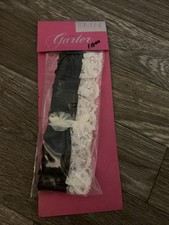 Vintage Wedding Garter White Lace Black Satin White Flower NOS