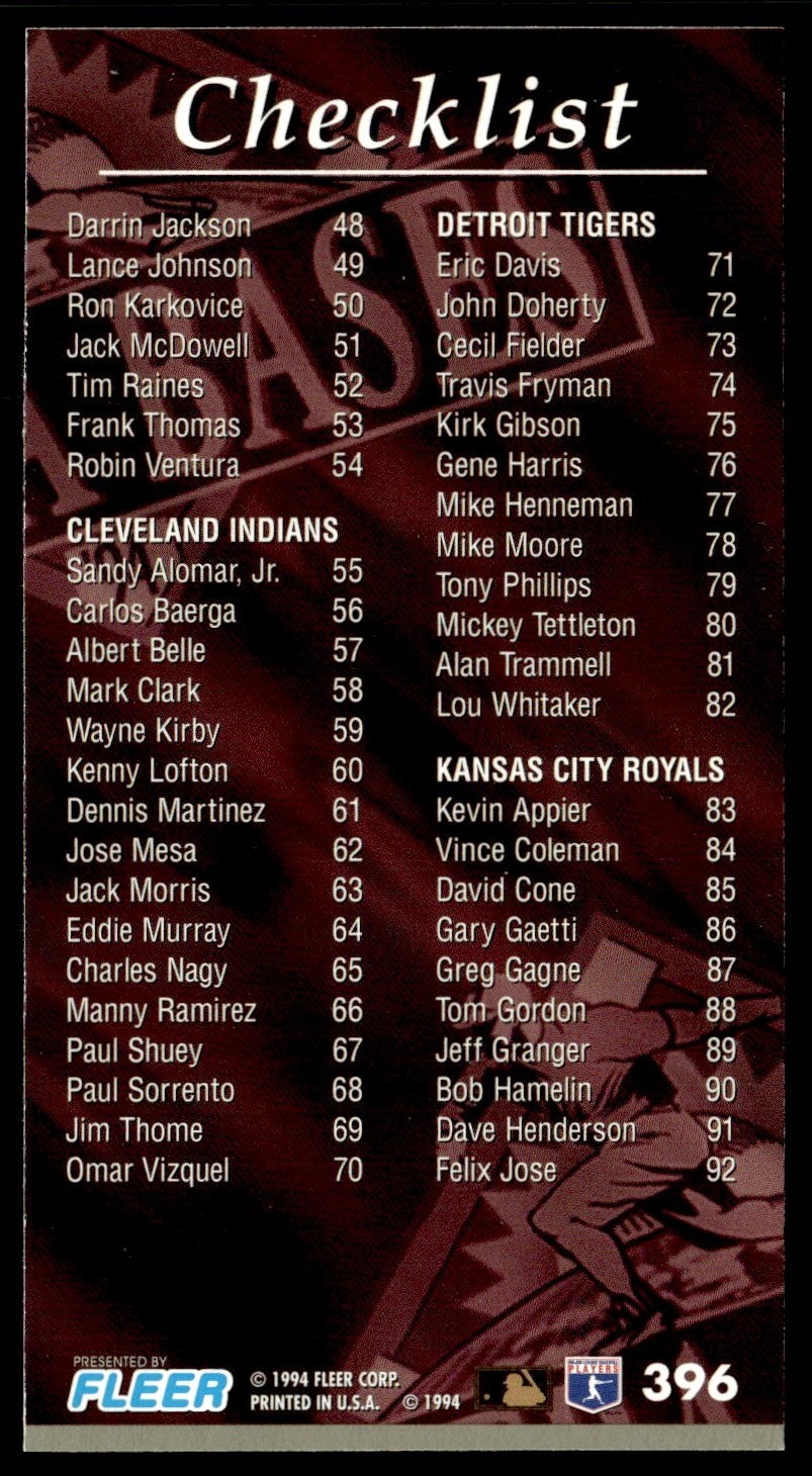 1994 Fleer Extra Bases Checklist #396