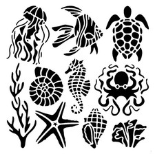 Really Great Stencils, Ocean Life Collage Stencil, 6x6", Sea Life, Turtle, Conch