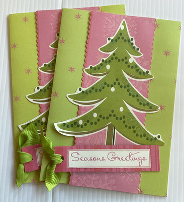 Anna Griffin CHRISTMAS CARDS (2) Seasons Greetings 3-D PINK GREEN Tree NO ENVS.!