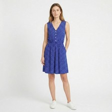 French Grey Women Dress M Blue White Polka Dot V-Neck Sleeveless Fit Flare