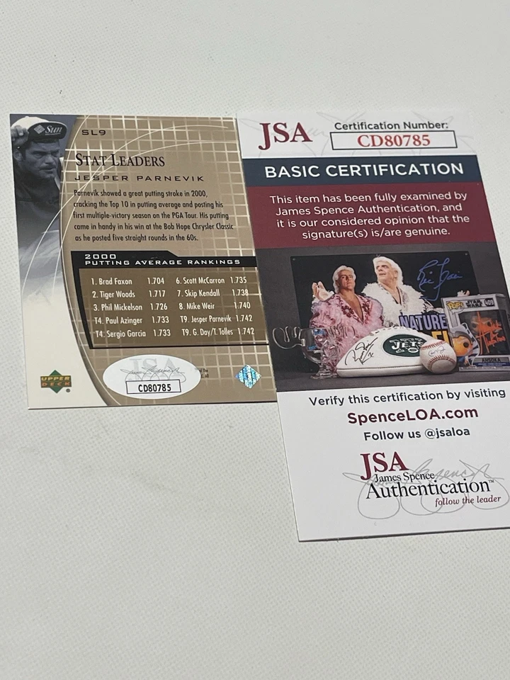 Tarjeta firmada por Jesper Parnevik UD Upper Deck Stat Leader JSA COA IP automática b Foto 2 de 3