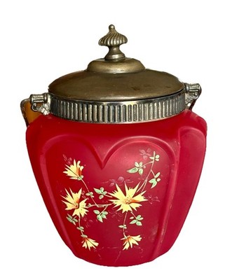Consolidated Glass Open Heart & Arches Pigeon Blood Red Satin Biscuit Jar