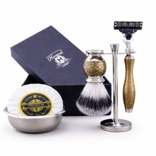 5PC Gold Antique Shaving Kit with Synthetic Silvertip Shaving Brush 3 Edge Razor