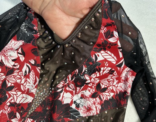 GK ELITE Gymnastics LEOTARD Competition RHINESTONE BLING Mesh RED Flowers SZ: CL - Picture 3 of 7
