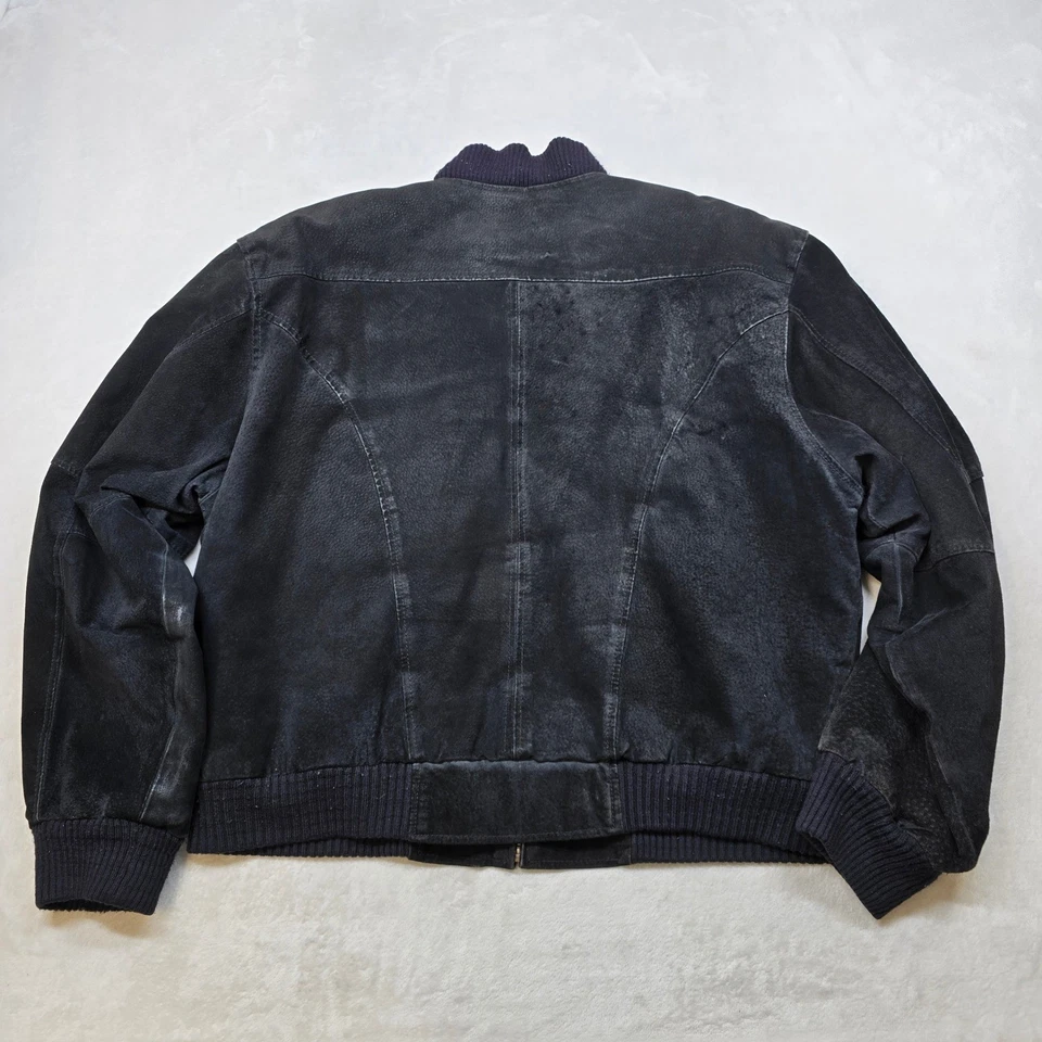 Chaqueta de bombardero GIII de gamuza de cuero para hombre grande negra con cremallera universitaria Foto 3 de 4