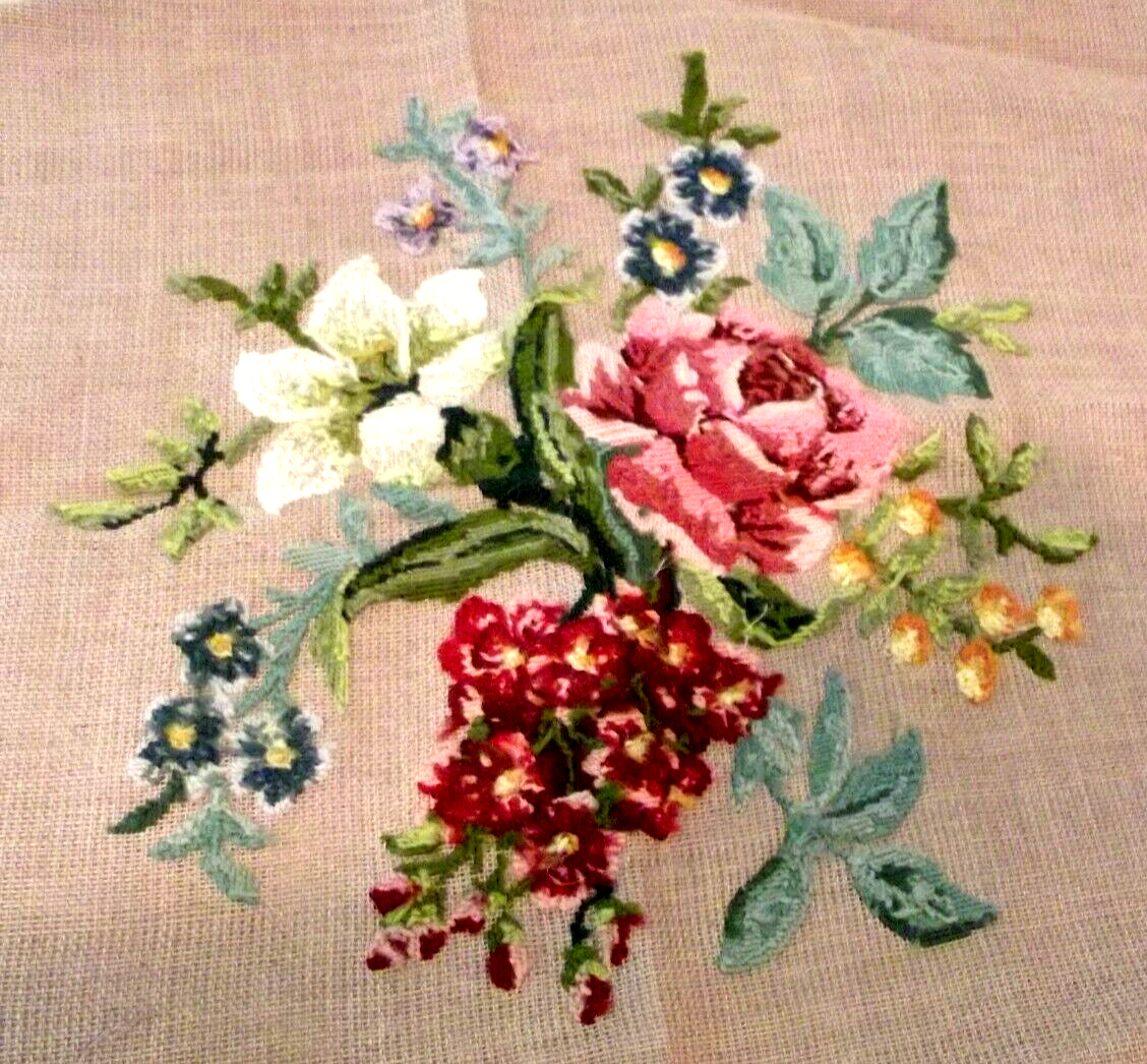 Vintage Embroidered Needlepoint Multi Colored Flowers 30