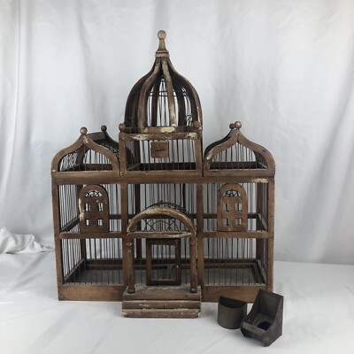 Antique Victorian 3 Dome Wood And Wire Bird Cage With 2 Doors/Feeders Ex. Cond.