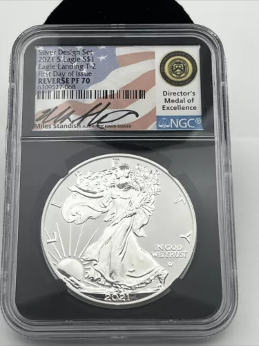 NGC Reverse PF70 Silver Design Set 2021 S Eagles$1 Eagle Landing T-2 FDOI