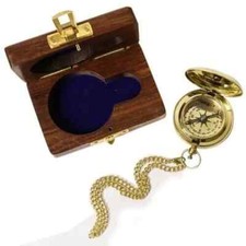 Set of 2 Push Button Compass With Chain & Wooden Box Collectible Gift compass