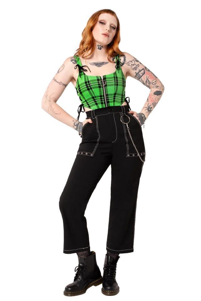 Hell Bunny Obsidian Trousers Gothic Punk High-Waisted Chain Detail