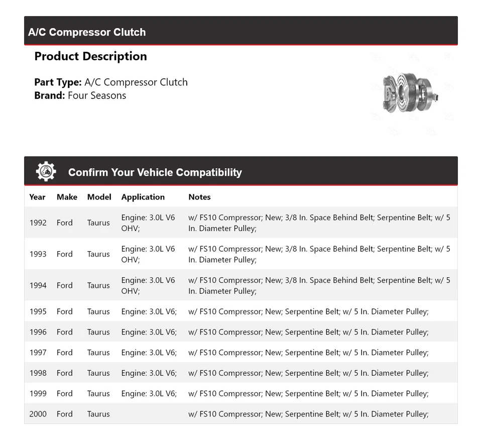 Para 1992-2000 Ford Taurus A/C embreagem compressor 4 estações 1993 1994 1995 1996 - Imagem 2 de 4