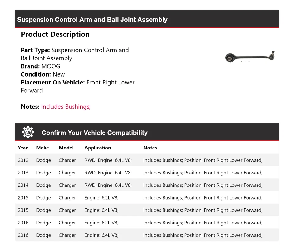 For 2012-2016 Dodge Charger Control Arm Front Right Lower Forward MOOG 2012 2013 - Image 2 of 4
