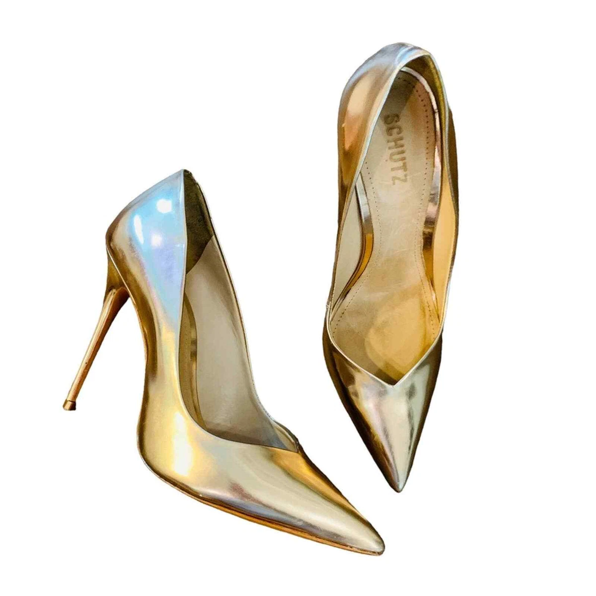 Gold metallic store pointed heels