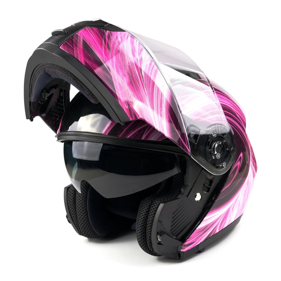 Casco de moto de nieve abatible modular rosa para adultos con doble lente protector antiniebla DOT Foto 3 de 4