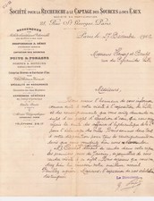 PARIS - LETTER SOCIETE RECHERCHE ET CAPTAGE SOURCES & WATERS - 1902