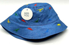 Baby Toddler Lined Bucket Sun Hat Blue Denim Embordered Dinosaurs Chin Strap