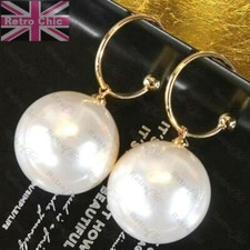 Champagne Big Pearl Long Drop Gold Hoops Statement Earrings Bridal Wedding Party