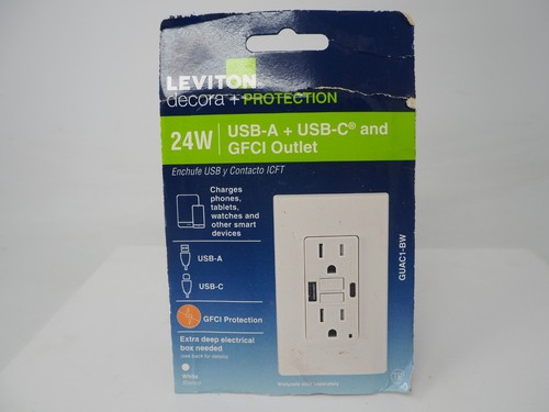 15A Leviton GFCI Combination 24W(4.8A) Type A/C USB In-Wall Charger Outlet