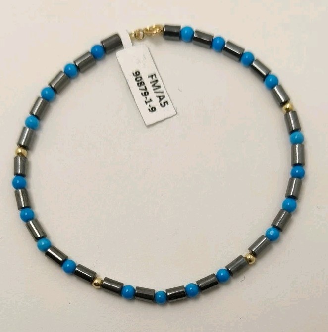 Pulsera oro 18k 750 mls. Hematitas Con Turquesas Y Bolas De Oro. 19 Cm X 3 MM.