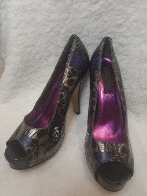 Iron Fist Peep Toe High Heels Purple Rose Silver Skulls Goth Punk
