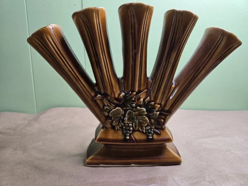 Vintage 1960s McCoy Curio Five Finger Vase Brown Glazed with Grapes