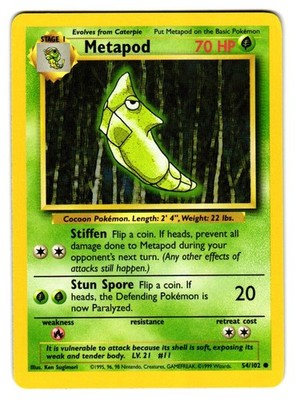 Metapod 54/102 Common Base Set Unlimited Pokemon Lightly Played